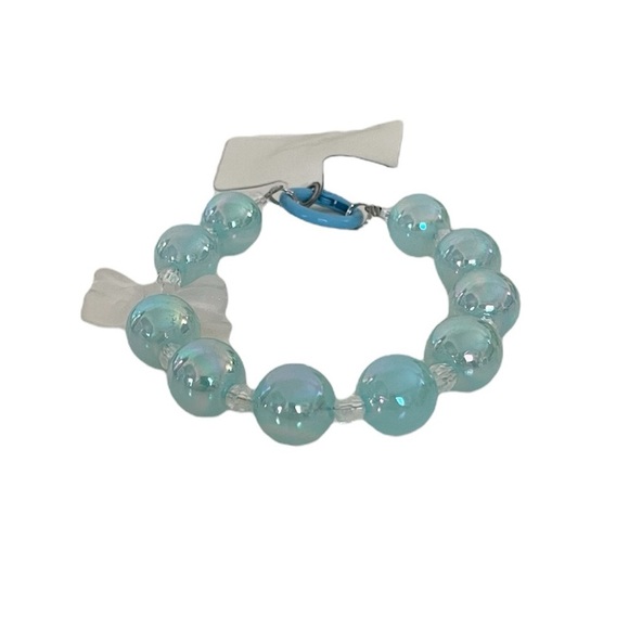 Large Blue Beaded with Clear Bow Charm Phone Accessory Wristlet with Phone Tab - Picture 5 of 15